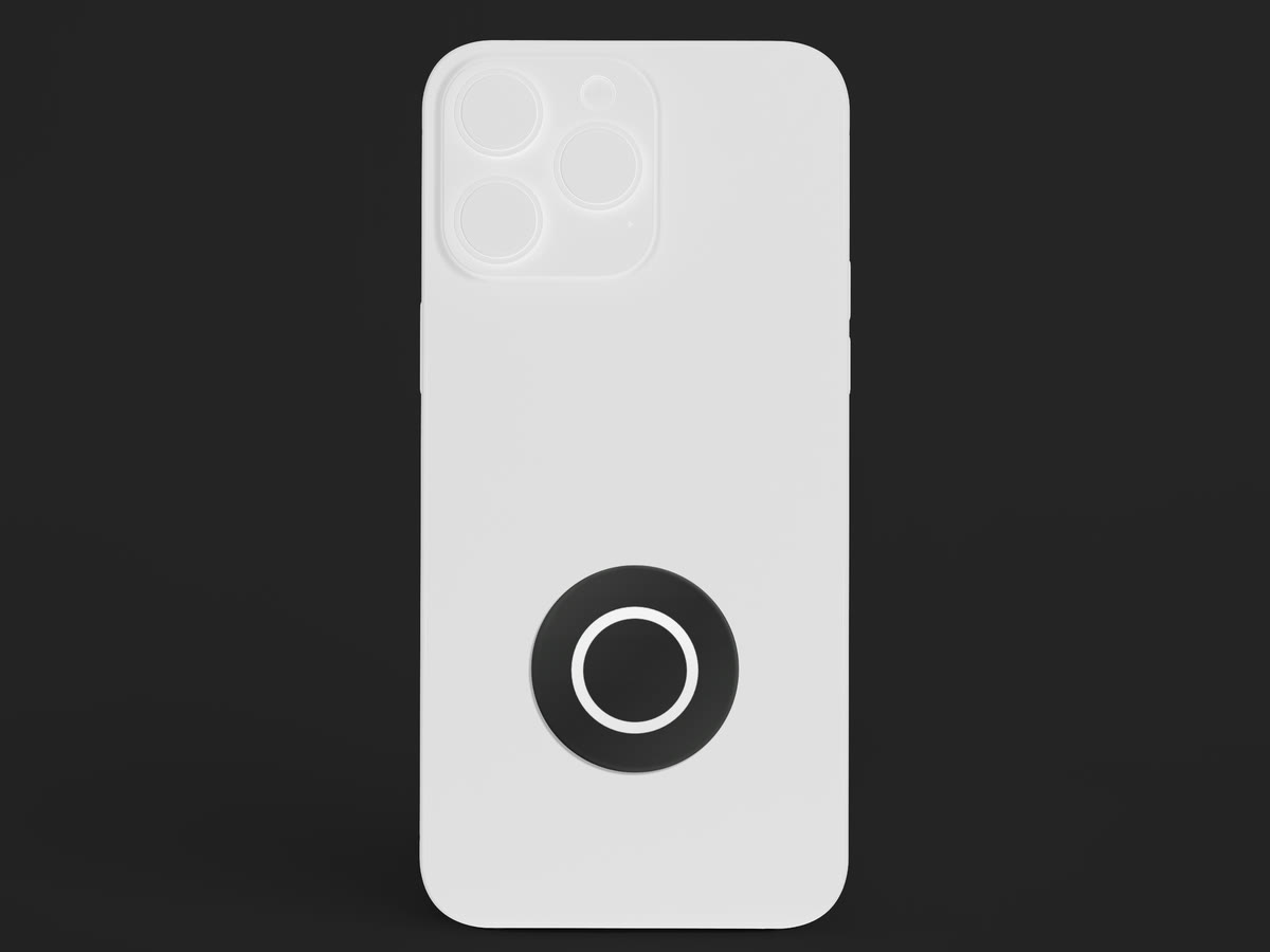 A black Cirqle Tag on the back of a white iPhone